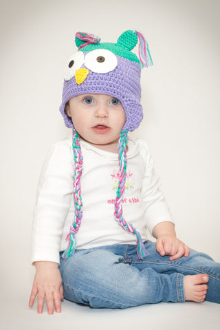 Owl hat, purple & turquoise