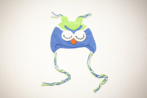 Owl hat, sleeping - blue & lime